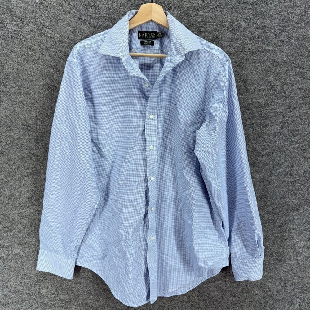 Ralph Lauren Shirt Men 16 Blue Button Up Collared Long Sleeve Pockets Cotton